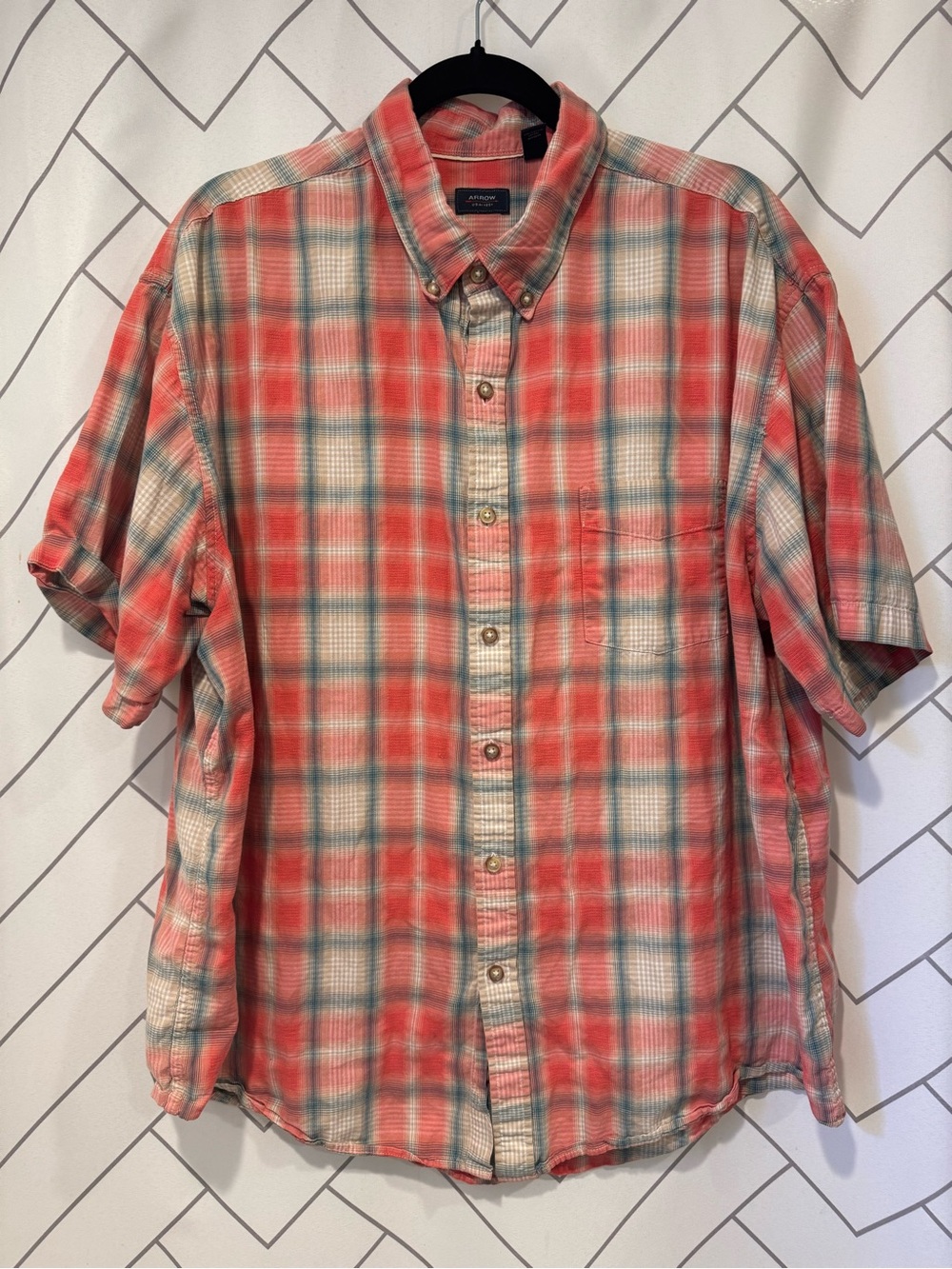 Arrow Coral and Teal Plaid Short-Sleeve Button-Down Shirt
